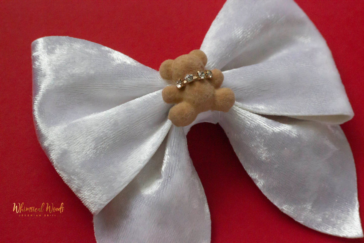 4" Blonde Teddy Bear on White Velvet Harlow Bow