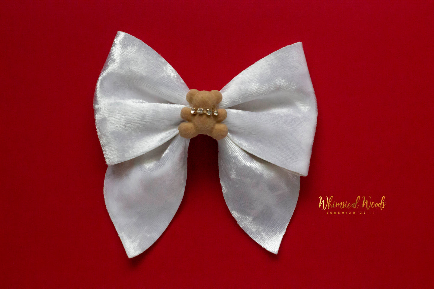 4" Blonde Teddy Bear on White Velvet Harlow Bow