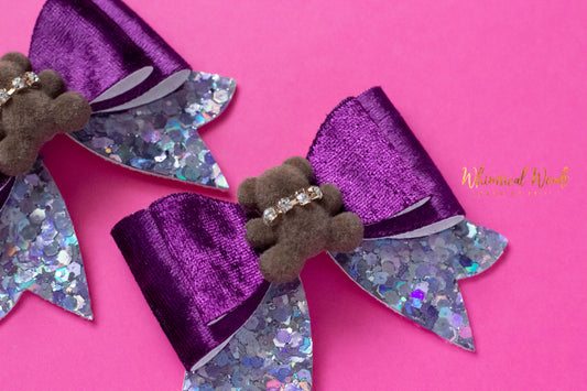 Brown Teddy on Purple Velvet and Glitter Bow