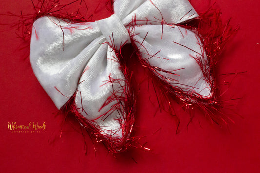 4" White Velvet Harlow Bow with Red Tinsel